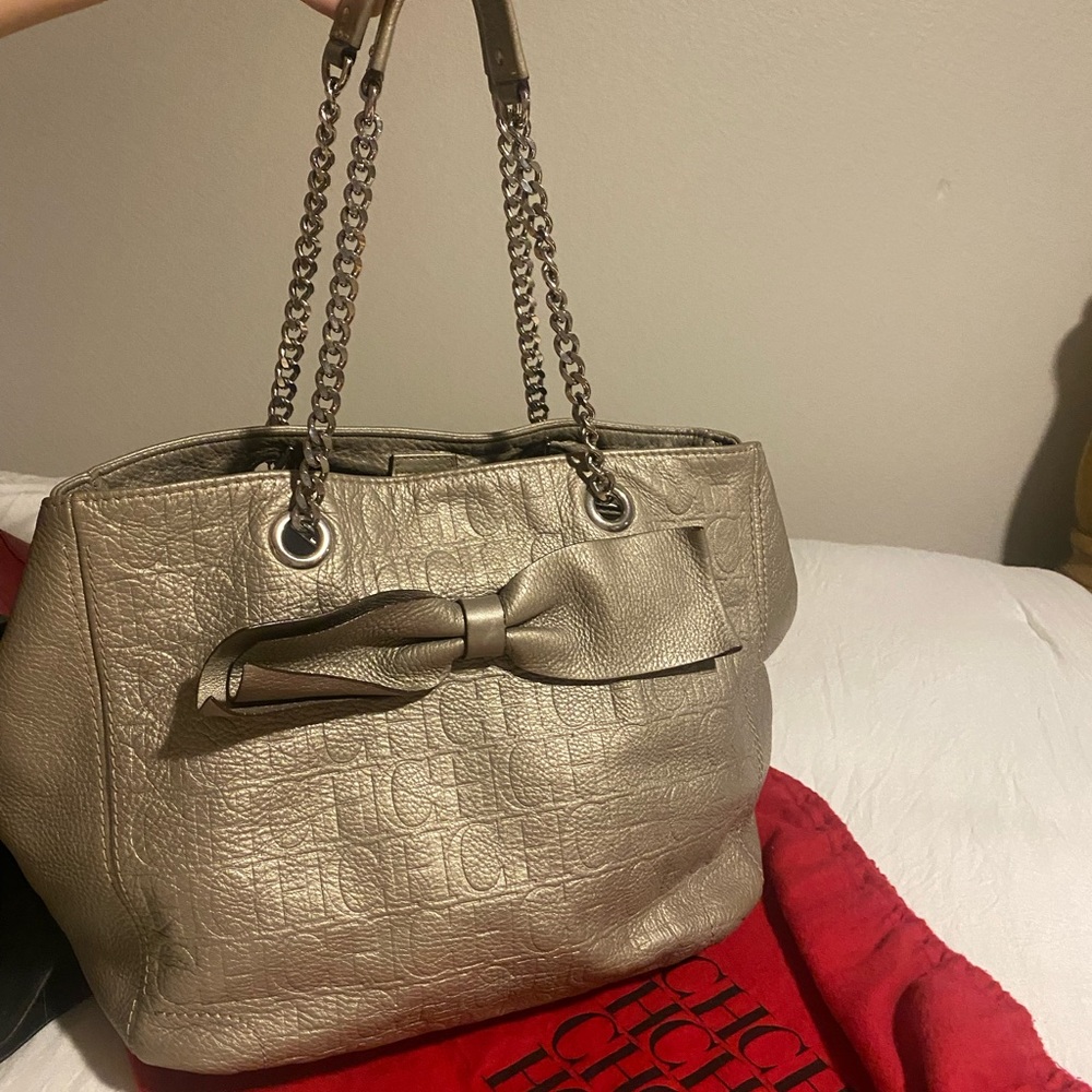 Carolina Herrera Metallic silver Monogram Bow shoulder handbag 100% Authentic✨